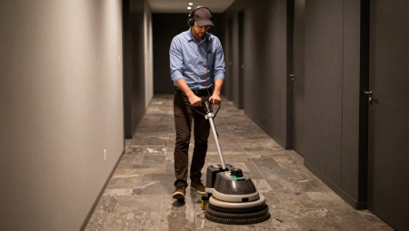 janitor polishing office hallway floor generated with Z-Image