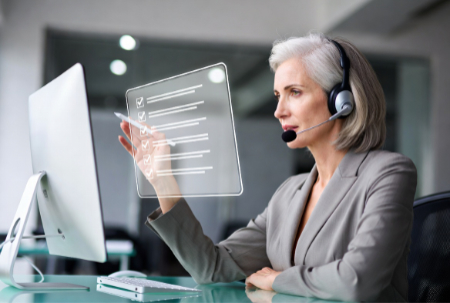 silver haired business woman sitting at glass desk image created by Grok AI